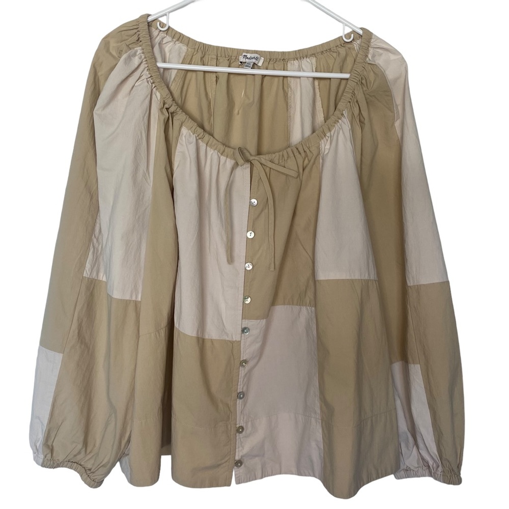 Madewell Patchwork Tie Front Crinkled Poplin Top Size XXL